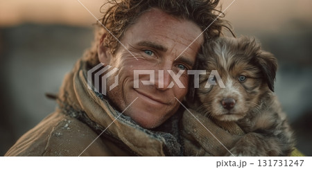 A firefighter rescued a dog from a fire. Close up Male Firefighter in Full Gear Ready for Duty, Standing in Front of a camera. Portrait of a Brave 131731247