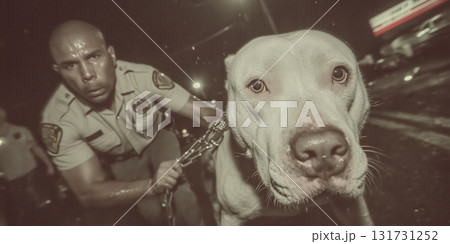 Police officer with dog, angry dog, pit bull and police, patrol dog, bloodhound, attack dog Police officer with dog, angry dog, pit bull and police, patrol dog, bloodhound, attack dog 131731252