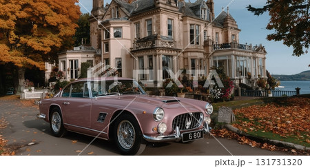 Rich life, vintage pink car near the villa, Old Money, luxurious house, beautiful car 131731320