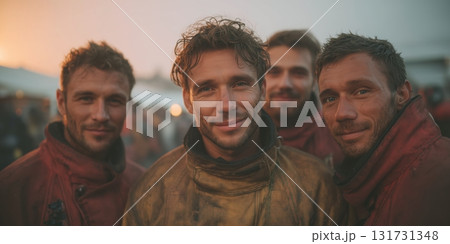 Close up Male Firefighter in Full Gear Ready for Duty, Standing in Front of a camera. Portrait of a Brave 131731348