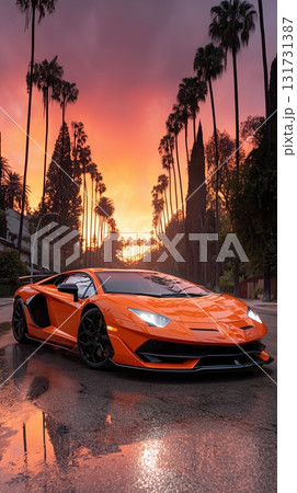 A sports car against a backdrop of palm trees in the summer sunset. Sleek orange sports car. Futuristic digital background. Concept of velocity and technology. A sports car against a backdrop of palm trees in the summer sunset. Sleek orange sports car. Futuristic digital background. Concept of velocity and technology. 131731387