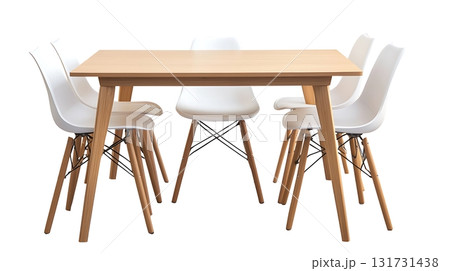 A wooden dining table with six white chairs around it A wooden dining table with six white chairs around it 131731438