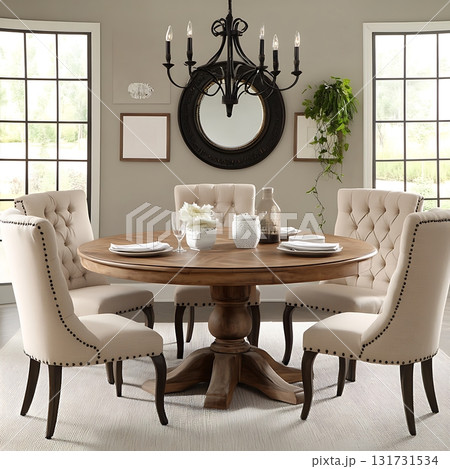 A large round dining table with six chairs around it 131731534