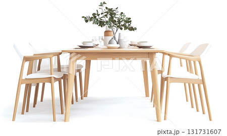 A wooden dining table with a vase of flowers in the center A wooden dining table with a vase of flowers in the center 131731607