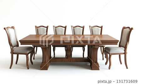 A wooden dining table with six chairs around it A wooden dining table with six chairs around it 131731609