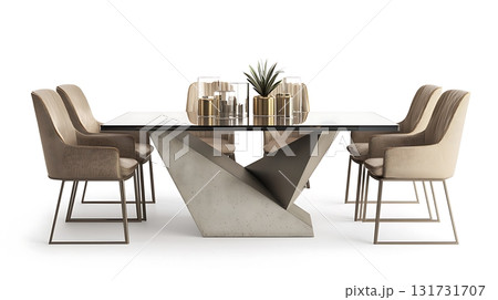 A modern glass table with a plant on top and six chairs around it 131731707