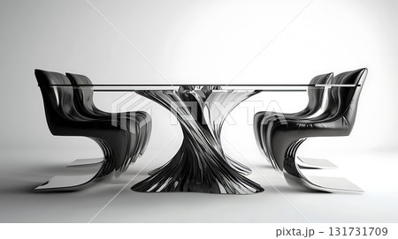 A glass table with four black chairs around it 131731709