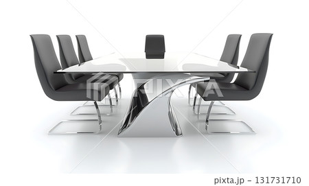 A glass table with a silver frame and black chairs around it 131731710