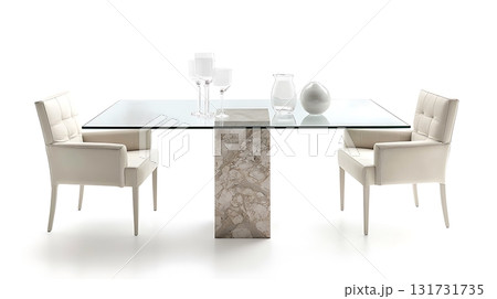 A glass table with two white chairs and a vase on it 131731735