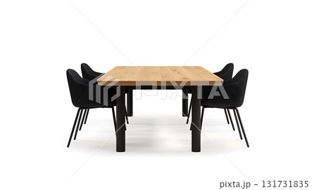 A wooden table with four black chairs around it 131731835