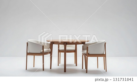 A wooden table with three chairs around it 131731841