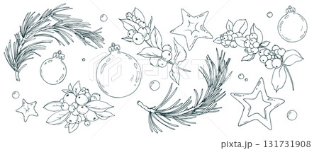 A grand collection of multiple snowberry and pine branches, Christmas balls, and stars. This comprehensive monochrome set is perfect for all-in-one holiday designs and artwork. 131731908
