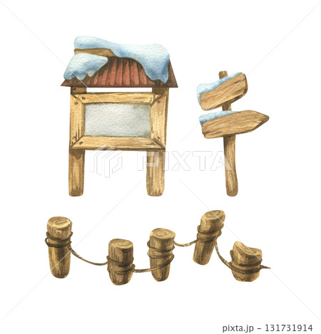 Clipart set with snowy wooden signposts, fences, and rustic elements, hand-painted watercolor illustration, perfect for Christmas crafts, invitations, greeting cards, and holiday decoration. Clipart set with snowy wooden signposts, fences, and rustic elements, hand-painted watercolor illustration, perfect for Christmas crafts, invitations, greeting cards, and holiday decoration. 131731914