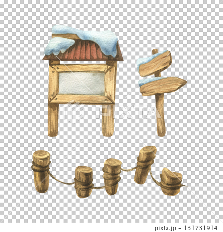 Clipart set with snowy wooden signposts, fences, and rustic elements, hand-painted watercolor illustration, perfect for Christmas crafts, invitations, greeting cards, and holiday decoration. Clipart set with snowy wooden signposts, fences, and rustic elements, hand-painted watercolor illustration, perfect for Christmas crafts, invitations, greeting cards, and holiday decoration. 131731914