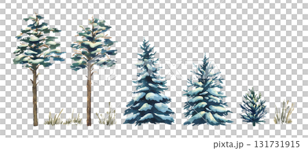 Hand-painted watercolor illustration of snowy pine trees, frosty branches and natural winter landscape, rustic seasonal clipart perfect for holiday greeting cards and decorative projects and patterns. 131731915