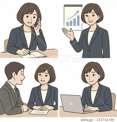 ビジネスウーマンの働くシーンセット(電話・プレゼン・商談・パソコン) ビジネスウーマンの働くシーンセット(電話・プレゼン・商談・パソコン) 131732190