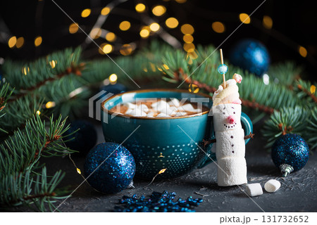 Hot Chocolate with Marshmallow Snowman and Christmas Decor Hot Chocolate with Marshmallow Snowman and Christmas Decor 131732652
