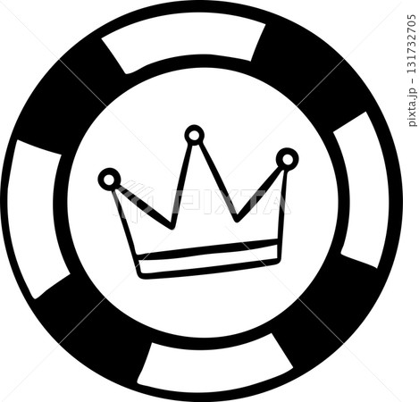 Sketch style casino poker chip featuring a crown in simple black and white line art. Gambling token icon drawn as a doodle, minimalist illustration for poker, risk, and casino concepts 131732705
