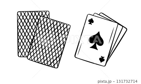 Doodle style illustration of playing ace of spades cards with checkered pattern, simple black and white sketch icon. Hand-drawn game asset perfect for casino, gambling, and fun concepts 131732714