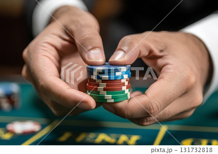 Close-up of poker chips held in hands at casino table, gambling and betting concept with soft focus background 131732818