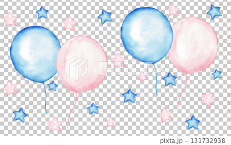 Pink and blue watercolor illustration with balloons and stars for gender reveal party, baby shower, birthday, baptism, boy or girl party. Hand drawn. For invitation, card, poster, banner Pink and blue watercolor illustration with balloons and stars for gender reveal party, baby shower, birthday, baptism, boy or girl party. Hand drawn. For invitation, card, poster, banner 131732938