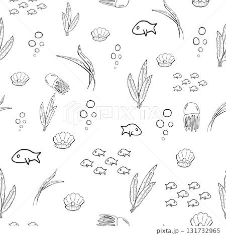 A black and white drawing of fish and sea creatures, seamless pattern 131732965