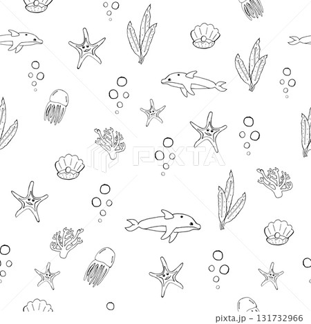 Seamless pattern with hand drawn sea creations: dolphins, jellyfishes and sea stars. Hand drawn cartoon style pattern 131732966