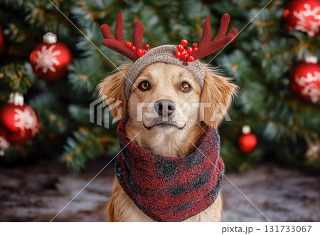 3D rendering. New Year and Christmas concepts with dog in headband with deer antlers. A vivid, high-detail Christmas scene. 3D rendering. New Year and Christmas concepts with dog in headband with deer antlers. A vivid, high-detail Christmas scene. 131733067