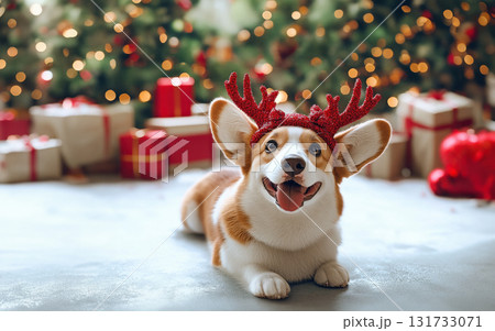 3D rendering. New Year and Christmas concepts with Welsh Corgi dog in headband with deer antlers . A vivid, high-detail Christmas scene. The dog is set against backdrop of snowy forest 131733071