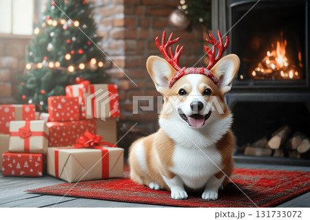 3D rendering. New Year and Christmas concepts with Welsh Corgi dog in headband with deer antlers . A vivid, high-detail Christmas scene. The dog is set against backdrop of snowy forest 131733072