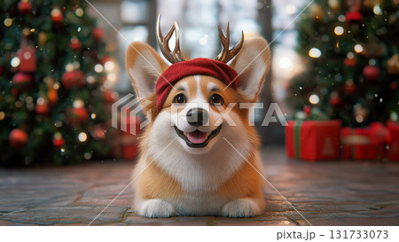 3D rendering. New Year and Christmas concepts with Welsh Corgi dog in headband with deer antlers . A vivid, high-detail Christmas scene. The dog is set against backdrop of snowy forest 131733073