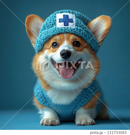 Smiling corgi dog dressed in blue scrubs and yellow cap with medical cross, sitting against blue background, representing cute healthcare theme with cheerful vibe. Smiling corgi dog dressed in blue scrubs and yellow cap with medical cross, sitting against blue background, representing cute healthcare theme with cheerful vibe. 131733083