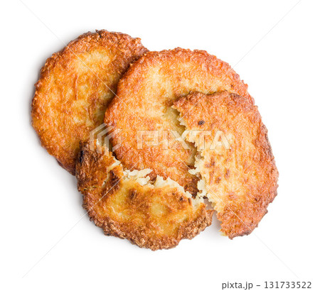 Fried potato pancakes isolated on white background. 131733522