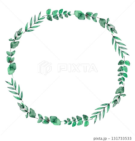 Green leaves watercolor wreath. Template for wedding invitation and save the date cards. 131733533
