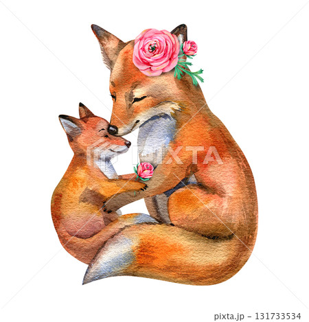 Watercolor Illustration of Mother Fox and Cub. Watercolor illustration. 131733534