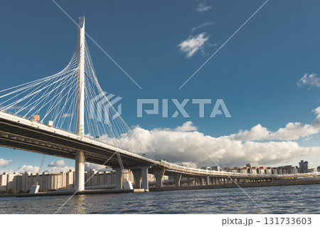 Cable-stayed bridge across Gulf of Finland in St. Petersburg, Russia on sunny day, copy space Cable-stayed bridge across Gulf of Finland in St. Petersburg, Russia on sunny day, copy space 131733603