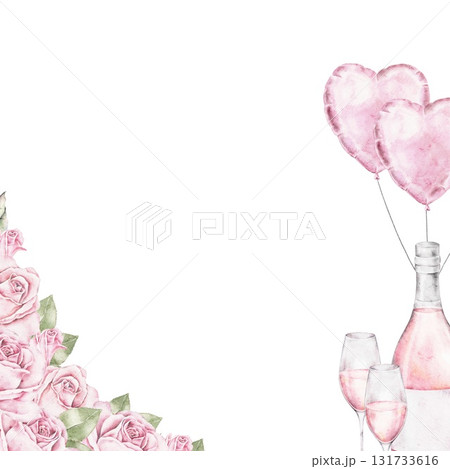 Vertical watercolor frame with pink roses, champagne bottle, heart balloons, and glasses. Romantic floral border for Saint Valentines Day cards, posters, packaging, or festive invitations. Vertical watercolor frame with pink roses, champagne bottle, heart balloons, and glasses. Romantic floral border for Saint Valentines Day cards, posters, packaging, or festive invitations. 131733616