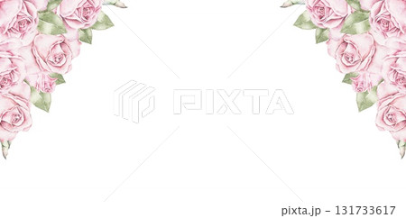 Horizontal watercolor floral frame with pink roses and green leaves arranged in two corners. Elegant romantic composition for Saint Valentines Day cards, invitations, posters, and wedding stationery. Horizontal watercolor floral frame with pink roses and green leaves arranged in two corners. Elegant romantic composition for Saint Valentines Day cards, invitations, posters, and wedding stationery. 131733617