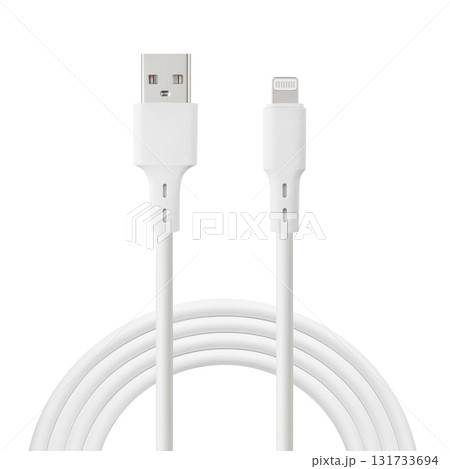 white cable for charging and synchronization with USB and Lightning connectors on a white isolated background white cable for charging and synchronization with USB and Lightning connectors on a white isolated background 131733694