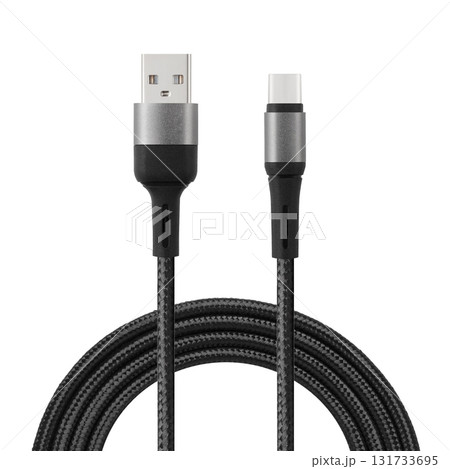 Black cable for charging and synchronization with Type - C and USB connectors on a white isolated background 131733695