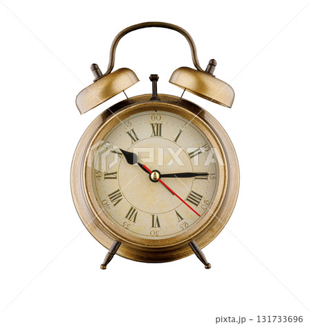 alarm clock, vintage clock with time 10 hours 15 minutes, a.m. 10:15, p.m. 10:15, on isolated white background alarm clock, vintage clock with time 10 hours 15 minutes, a.m. 10:15, p.m. 10:15, on isolated white background 131733696