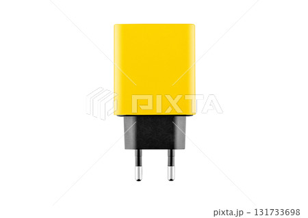 adapter for charger with USB and Type C connector, yellow, on isolated or white background adapter for charger with USB and Type C connector, yellow, on isolated or white background 131733698