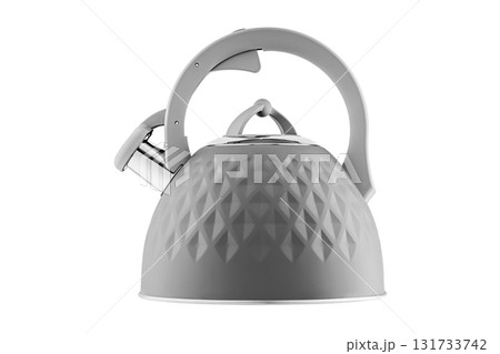 kettle with whistle, matte Gray color, with rhombus texture on isolated and white background kettle with whistle, matte Gray color, with rhombus texture on isolated and white background 131733742