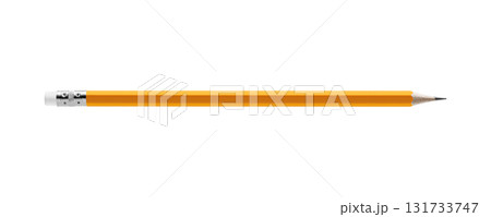 Macro shot of a single yellow graphite pencil with eraser on white background. Perfect for stationery and educational needs. 131733747
