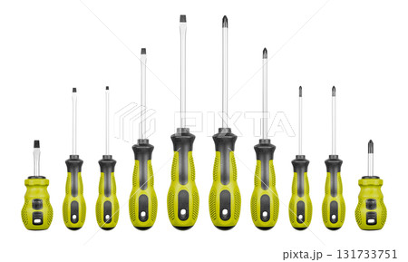 Set of Philips and flathead screwdrivers Green color on isolated white background 131733751