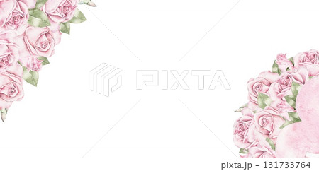 Watercolor floral frame with pink roses and heart shaped bag filled with flowers. Elegant romantic border for Saint Valentines Day greeting cards, invitations, and packaging design. 131733764