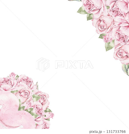 Watercolor floral frame with pink roses and heart shaped bag filled with flowers. Elegant romantic border for Saint Valentines Day greeting cards, invitations, and packaging design. Watercolor floral frame with pink roses and heart shaped bag filled with flowers. Elegant romantic border for Saint Valentines Day greeting cards, invitations, and packaging design. 131733766