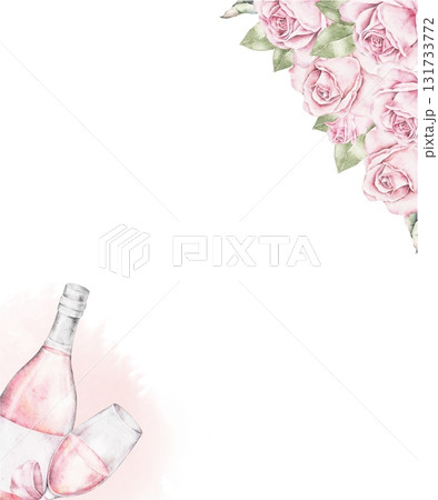 Watercolor frame with pink roses and bottle of rose champagne in the corner. Elegant romantic border for Saint Valentines Day invitations, greeting cards, bachelorette party and celebration designs. Watercolor frame with pink roses and bottle of rose champagne in the corner. Elegant romantic border for Saint Valentines Day invitations, greeting cards, bachelorette party and celebration designs. 131733772