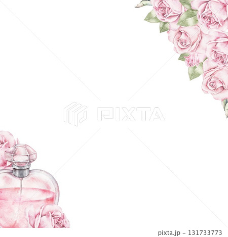 Watercolor frame with pink roses and heart shaped perfume bottle in the corner. Romantic floral composition for Saint Valentines day greeting cards, invitations, packaging, and postcard template. Watercolor frame with pink roses and heart shaped perfume bottle in the corner. Romantic floral composition for Saint Valentines day greeting cards, invitations, packaging, and postcard template. 131733773