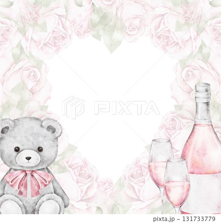 Watercolor heart shaped frame of pink roses with teddy bear, champagne bottle and glasses. Romantic composition for Saint Valentines Day cards, posters, wedding invitations, and celebration design. Watercolor heart shaped frame of pink roses with teddy bear, champagne bottle and glasses. Romantic composition for Saint Valentines Day cards, posters, wedding invitations, and celebration design. 131733779
